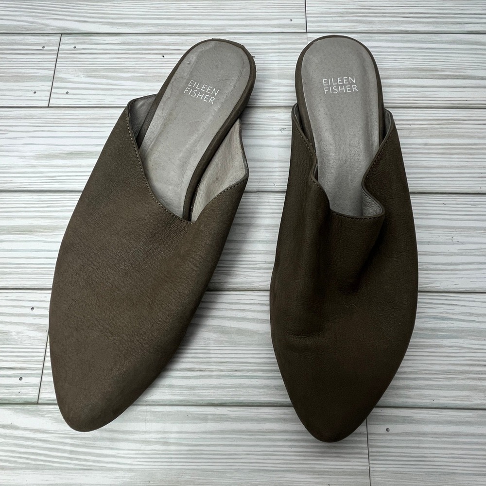 Eileen Fisher Womens Olive Green Leather Pointed Toe Mules Flats Size 9